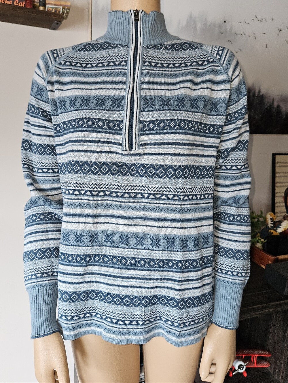 Eddie Bauer Fair Isle Half Zip Pull Over Womens Sweater Nordic Blue M Gorpcore
